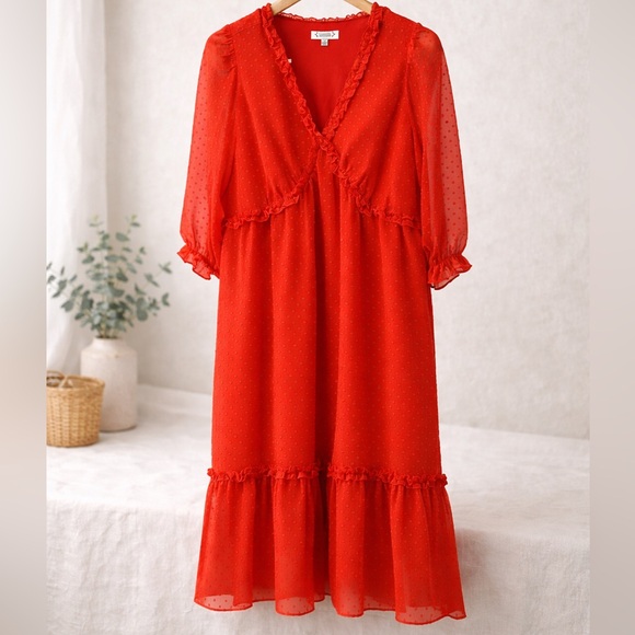 Dresses & Skirts - Nanette Lepore Red Swiss Dot Ruffle Dress | Size 12 | Romantic & Flowy ❤️